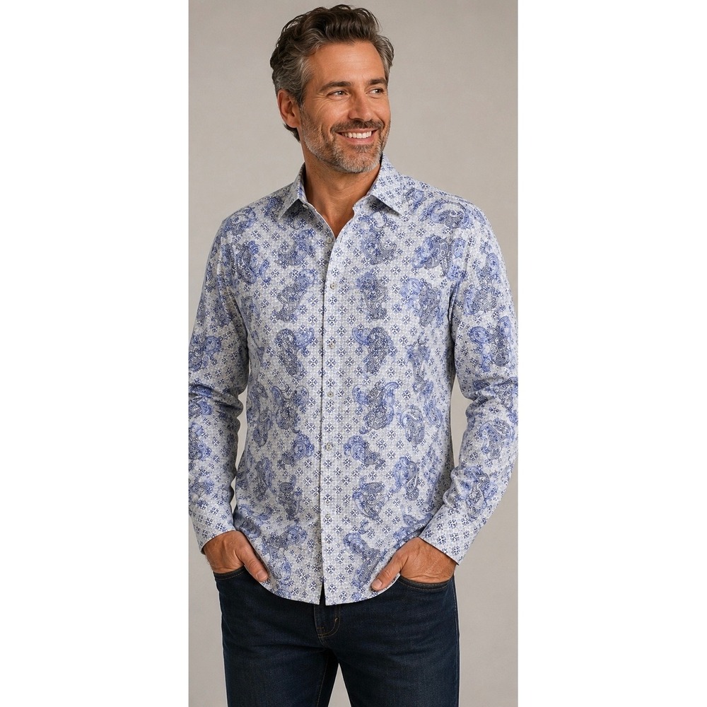 Robert Graham Mens 2XL Paisley Button Shirt Blue Long Sleeve Flip Cuff #38